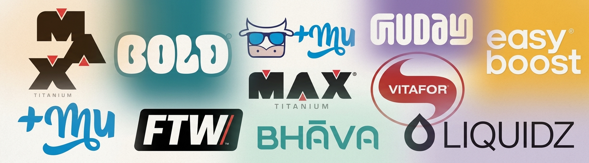 Logotipos de marcas de suplementos analisadas no estudo da Solid Copy, incluindo Max Titanium, Bold, Mais Mu, Growth, Easy Boost, Vitafor, FTW, Bhava e Liquidz.
